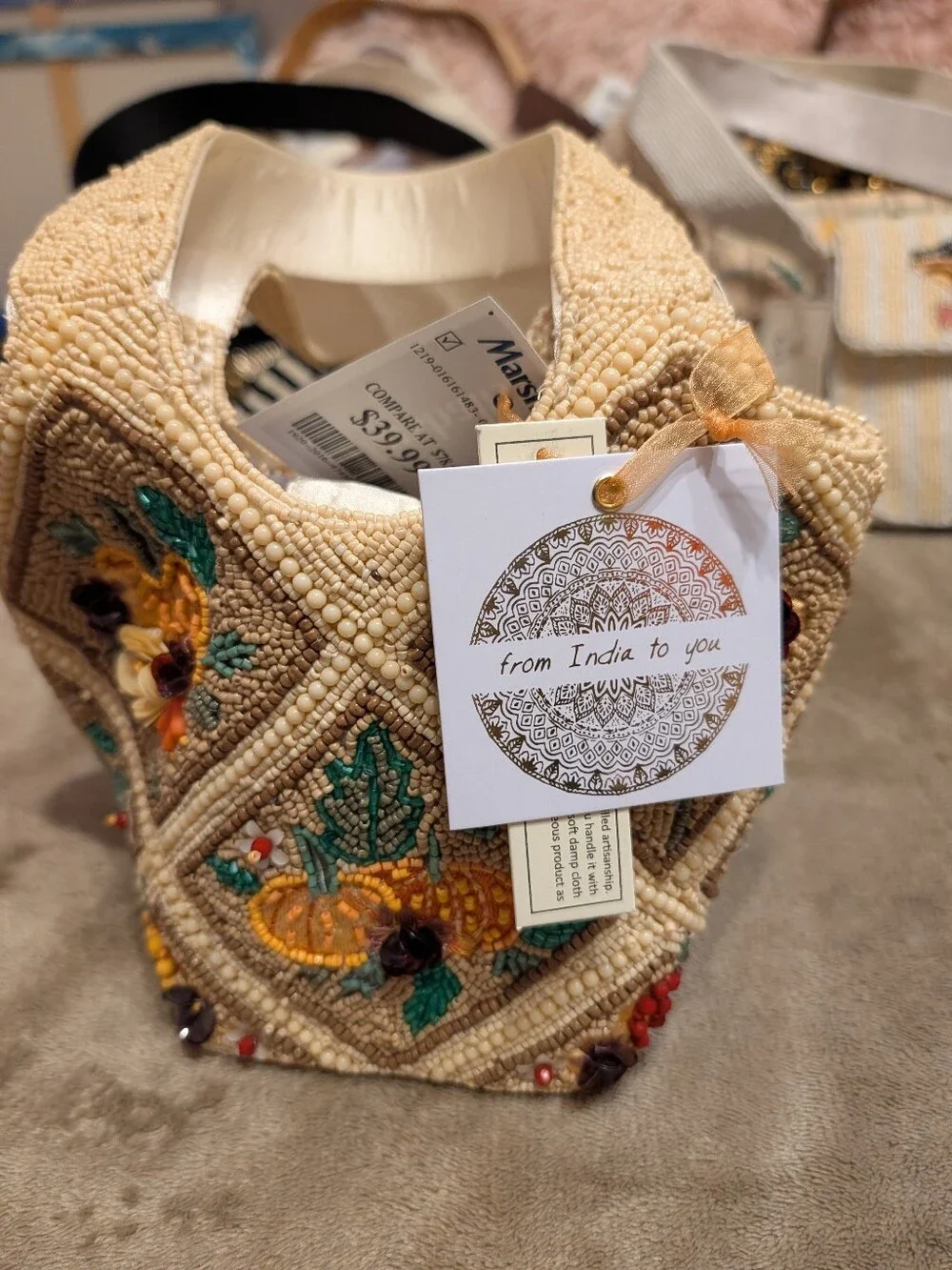 Beaded Floral Embroidered Bucket Bag in Cream & Green